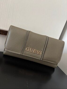 GUESS Olive Taupe Trifold Wallet with Gold Logo